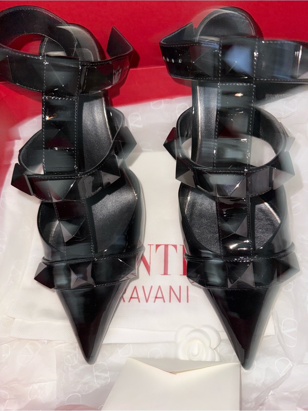 Valentino Garavani Black Patent Rockstud Strappy Pointed Heels